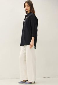 Black Button Up Rounded Hem Blouse