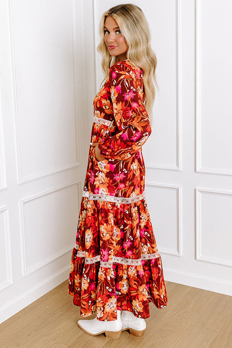 *Website Exclusive* Orange Floral Print Lace Trimmed Maxi Dress