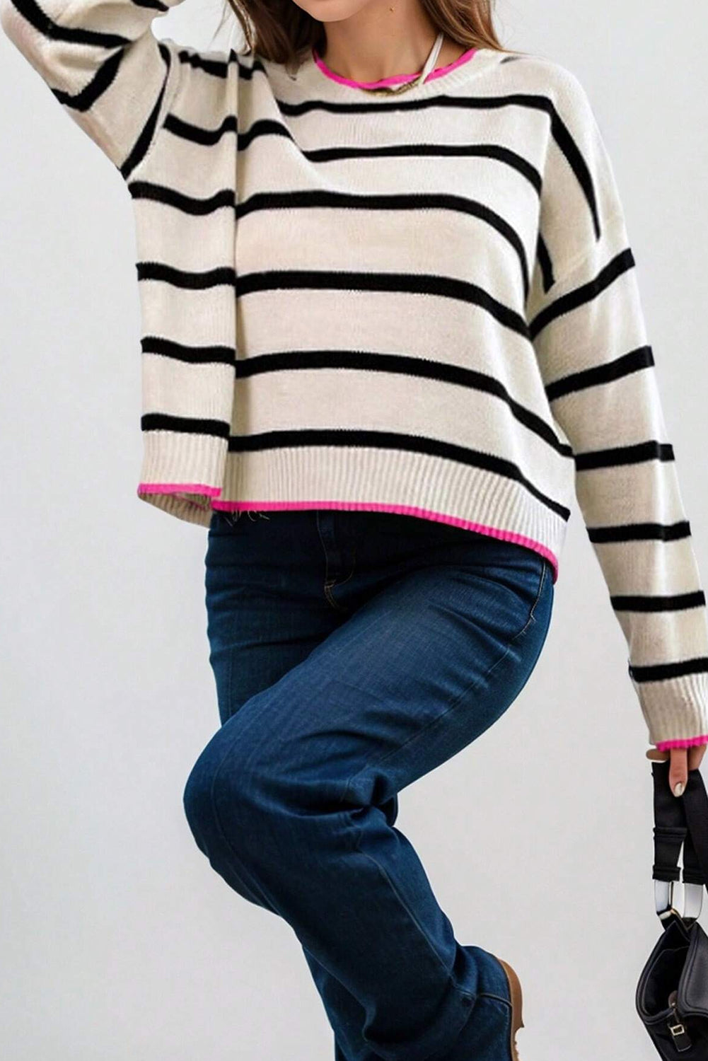 *WEBSITE EXCLUSIVE* Tess White Stripe Contrast Trim Drop Shoulder Sweater