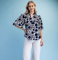 Navy & White Print Blouse