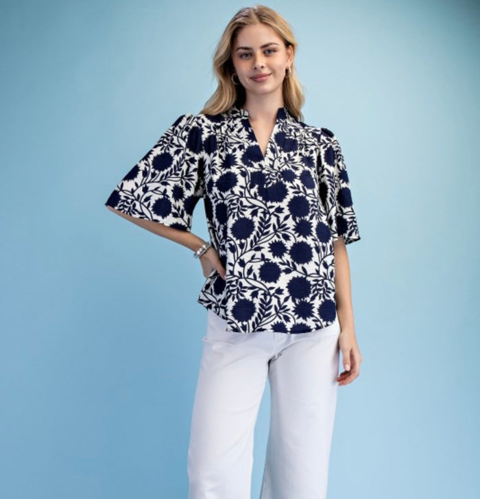 Navy & White Print Blouse