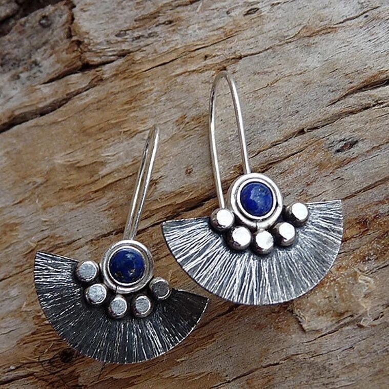 Silver Fan & Blue Stone Earrings