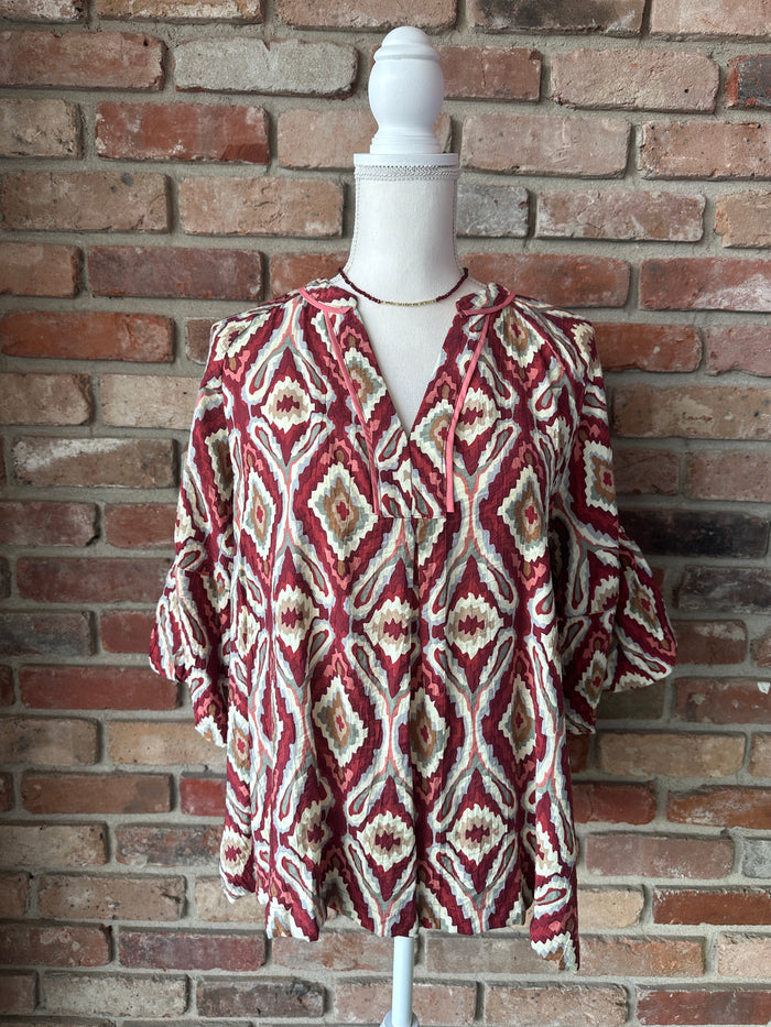 Wine Boho Geo Pattern Blouse