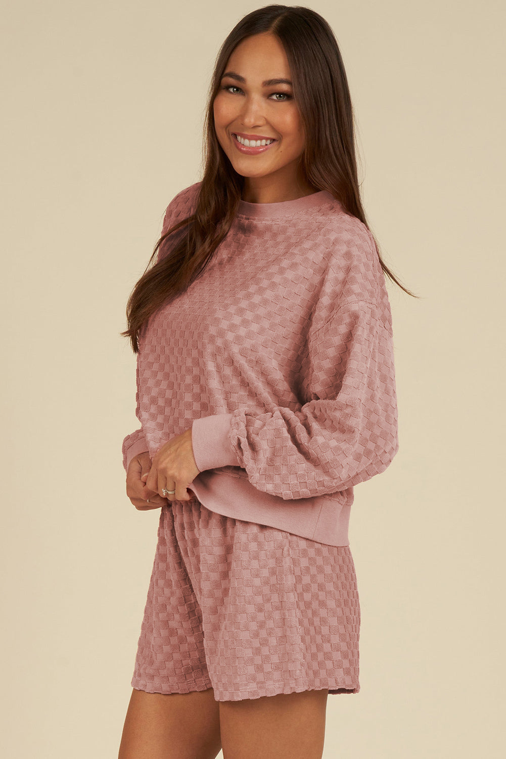 *Website Exclusive* Blossom Checkered Textured Long Sleeve Top and Shorts Set