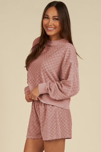 *Website Exclusive* Blossom Checkered Textured Long Sleeve Top and Shorts Set