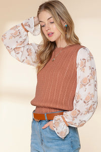 *WEBSITE EXCLUSIVE* Floral Patchwork Ruffled Cuff Sleeve Cable Knit Sweater