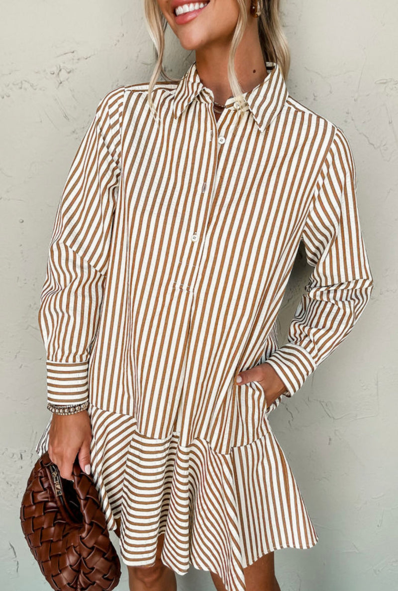 Brown & White Striped Drop Waist Dress