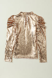 *WEBSITE EXCLUSIVE* Vivian Sequin Mock Neck Ruched Puff Sleeve Top