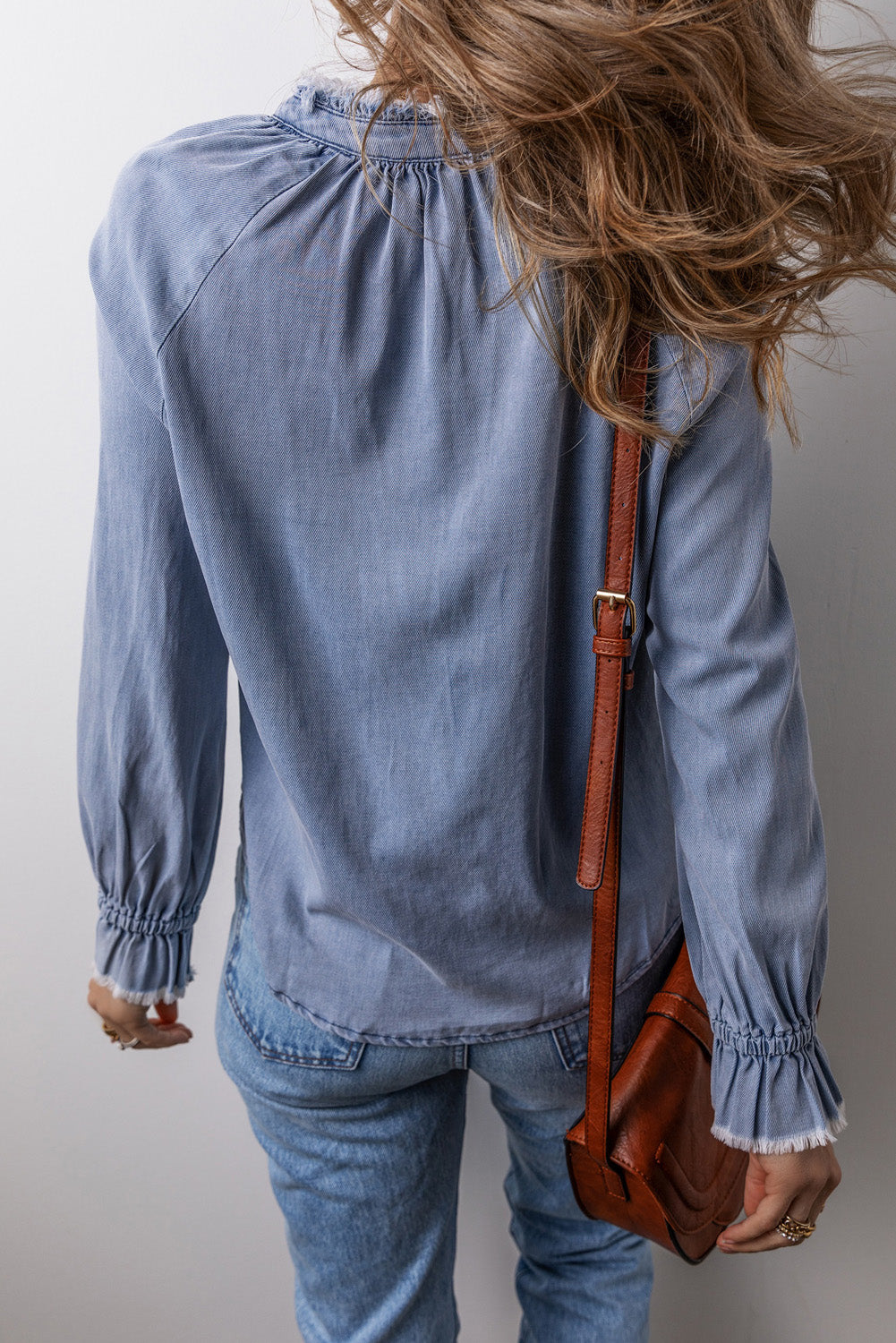 *WEBSITE EXCLUSIVE* Sky Blue Frilled Raw Hem Half Buttoned Denim Top