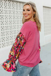 *WEBSITE EXCLUSIVE*  Flower Patchwork Ribbed Knit Drop Shoulder Top