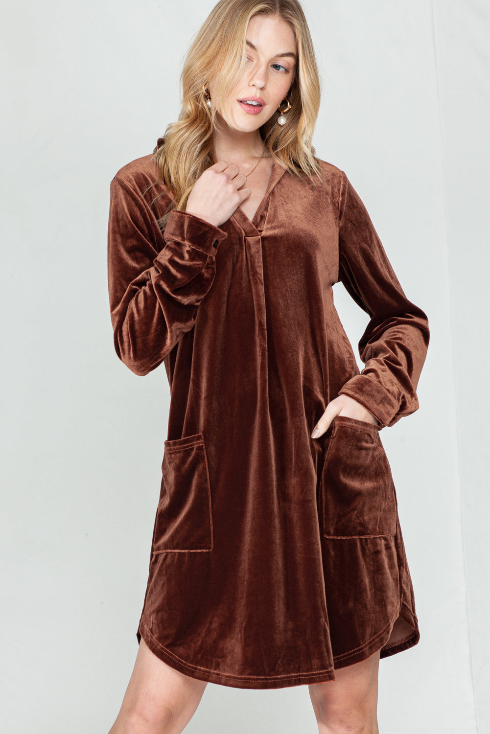 *Website Exclusive* Coffee Roll Tab Sleeve Collared V Neck Velvet Dress