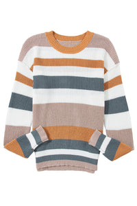 *Website Exclusive* Camel Ribbed Round Neck Color Block Knitted Sweater