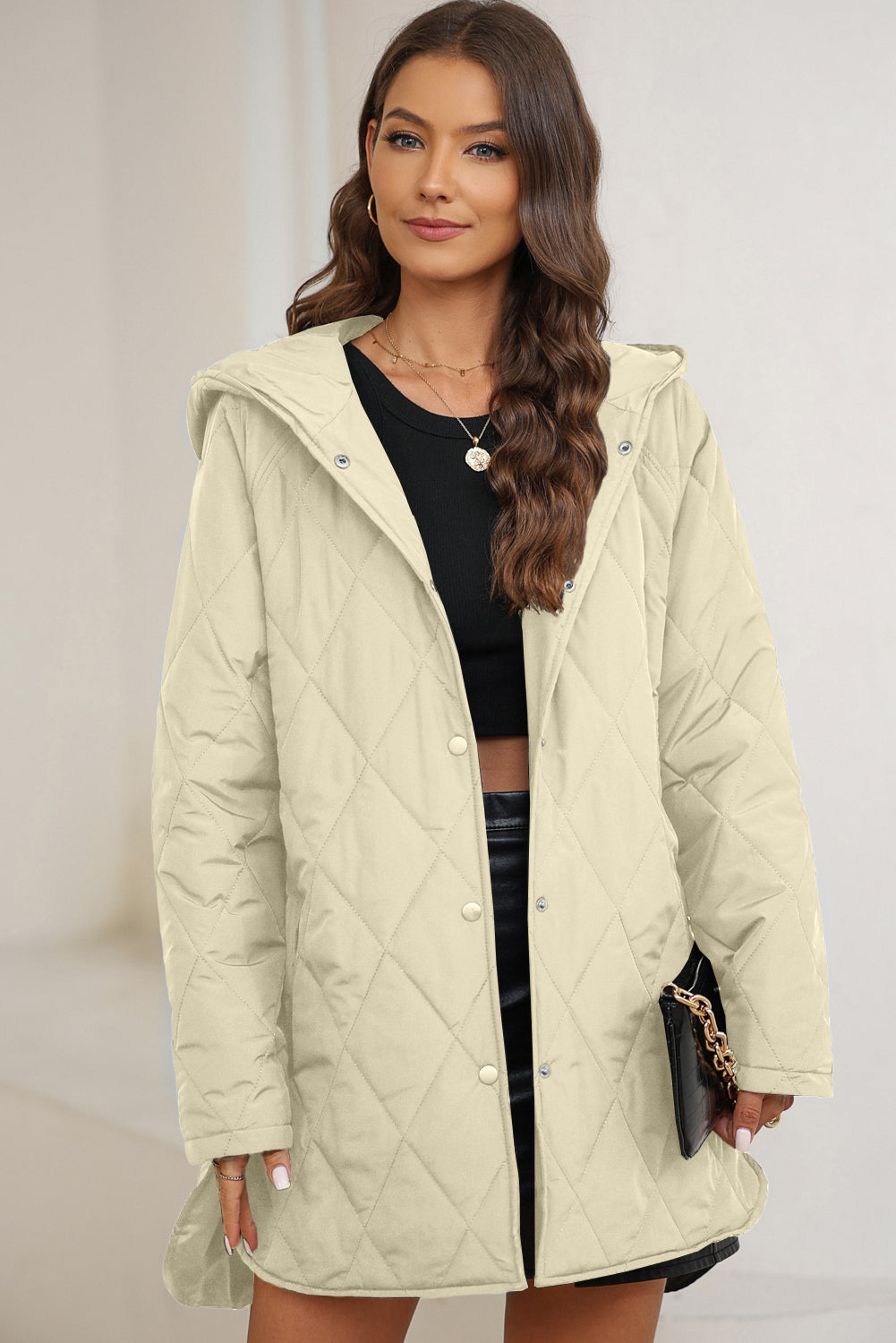 *Website Exclusive* Beige Quilted Snap Button Hooded Puffer Coat