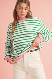 *Website Exclusive* Striped Contrast Trim Long Sleeve Top