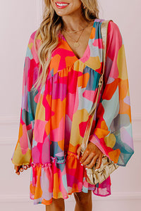 *WEBSITE EXCLUSIVE*  Abstract Print Bell Sleeve V Neck Babydoll Dress