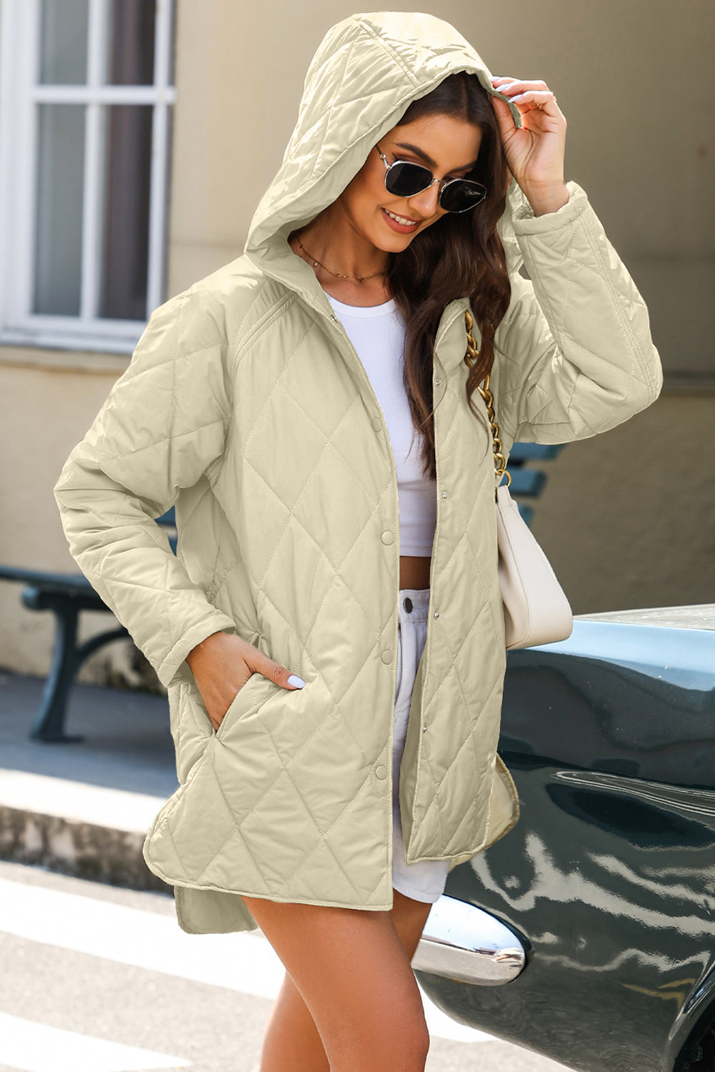 *Website Exclusive* Beige Quilted Snap Button Hooded Puffer Coat