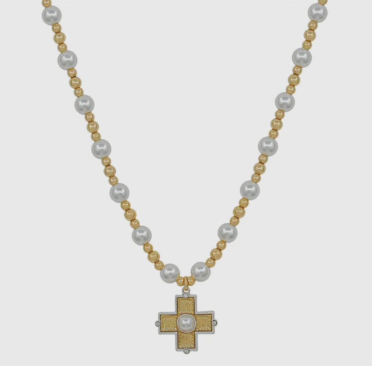 8MM Pearl Beaded & Cross Necklace