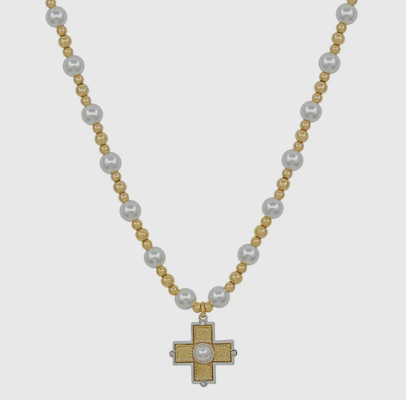8MM Pearl Beaded & Cross Necklace