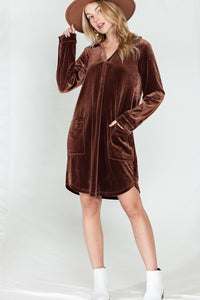 *Website Exclusive* Coffee Roll Tab Sleeve Collared V Neck Velvet Dress