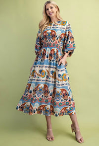 Blue/Orange Print Midi Dress