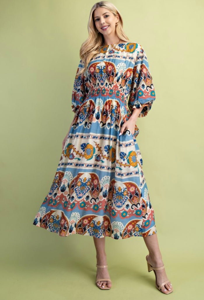 Blue/Orange Print Midi Dress