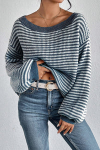 *WEBSITE EXCLUSIVE* Blue Striped Drop Shoulder Sleeve Sweater