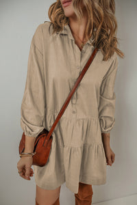 *WEBSITE EXCLUSIVE* Tan Puff Sleeve Buttoned Tiered Pleated Mini Shirt Dress