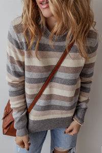 *WEBSITE EXCLUSIVE* Sarah Gray Striped Ribbed Edge Round Neck Sweater