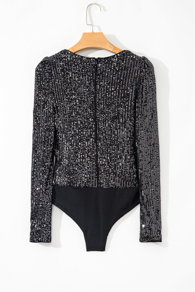 *WEBSITE EXCLUSIVE* Brooke Black Sequin V Neck Zipped Long Sleeve Bodysuit