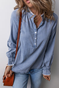 *WEBSITE EXCLUSIVE* Sky Blue Frilled Raw Hem Half Buttoned Denim Top