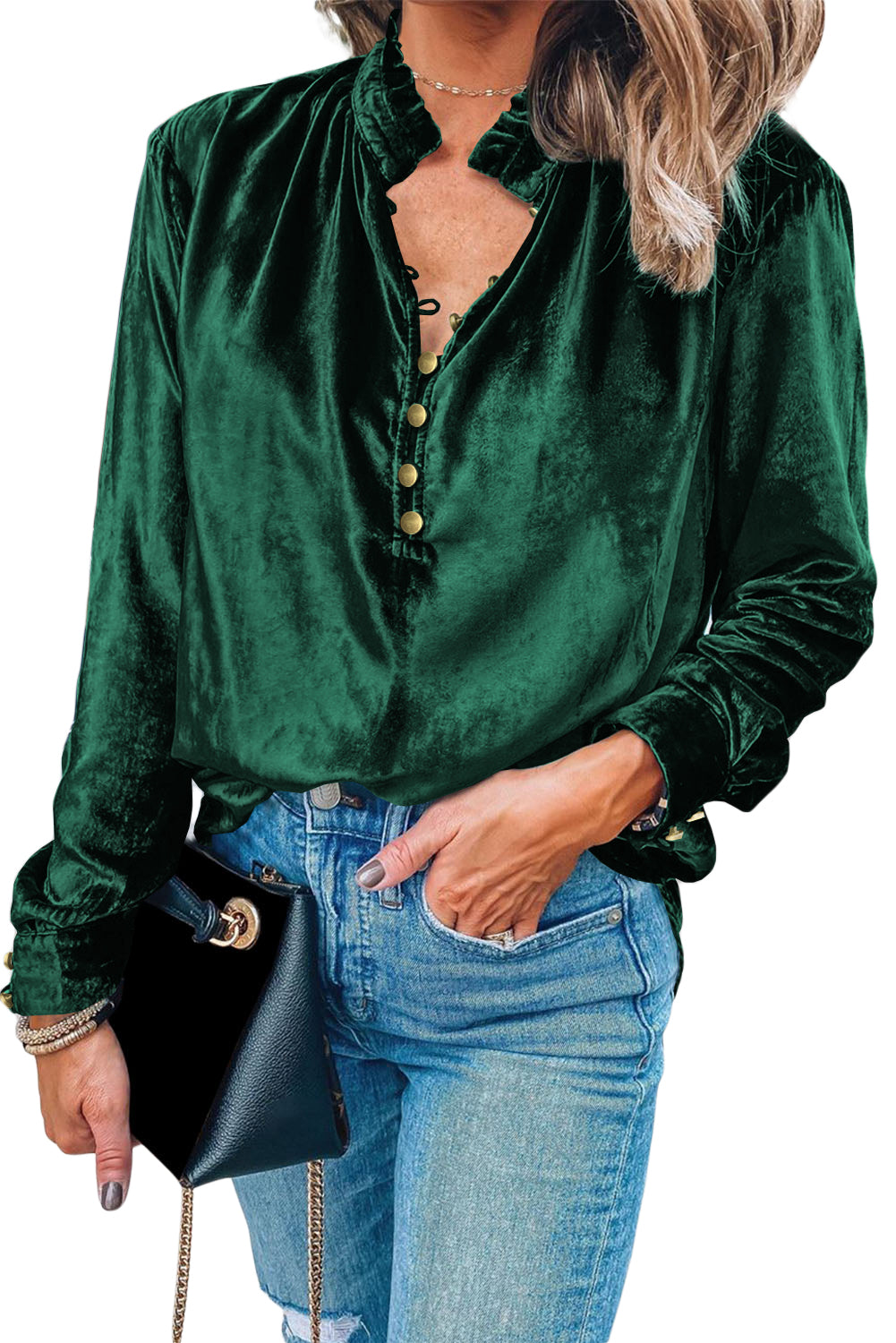 *Website Exclusive * Elle  Buttoned V Neck Velvet Blouse