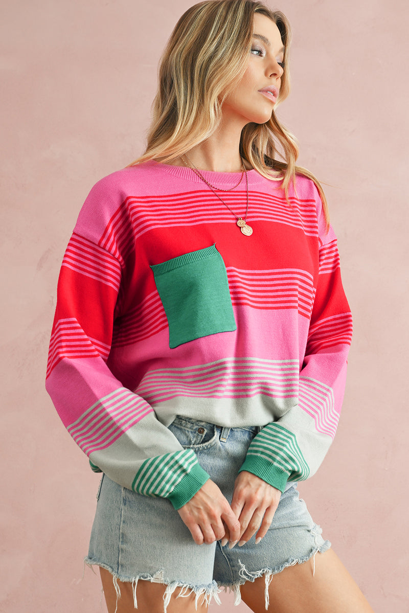 *WEBSITE EXCLUSIVE* Rose Striped Patch Pocket Drop Shoulder Knit Sweater