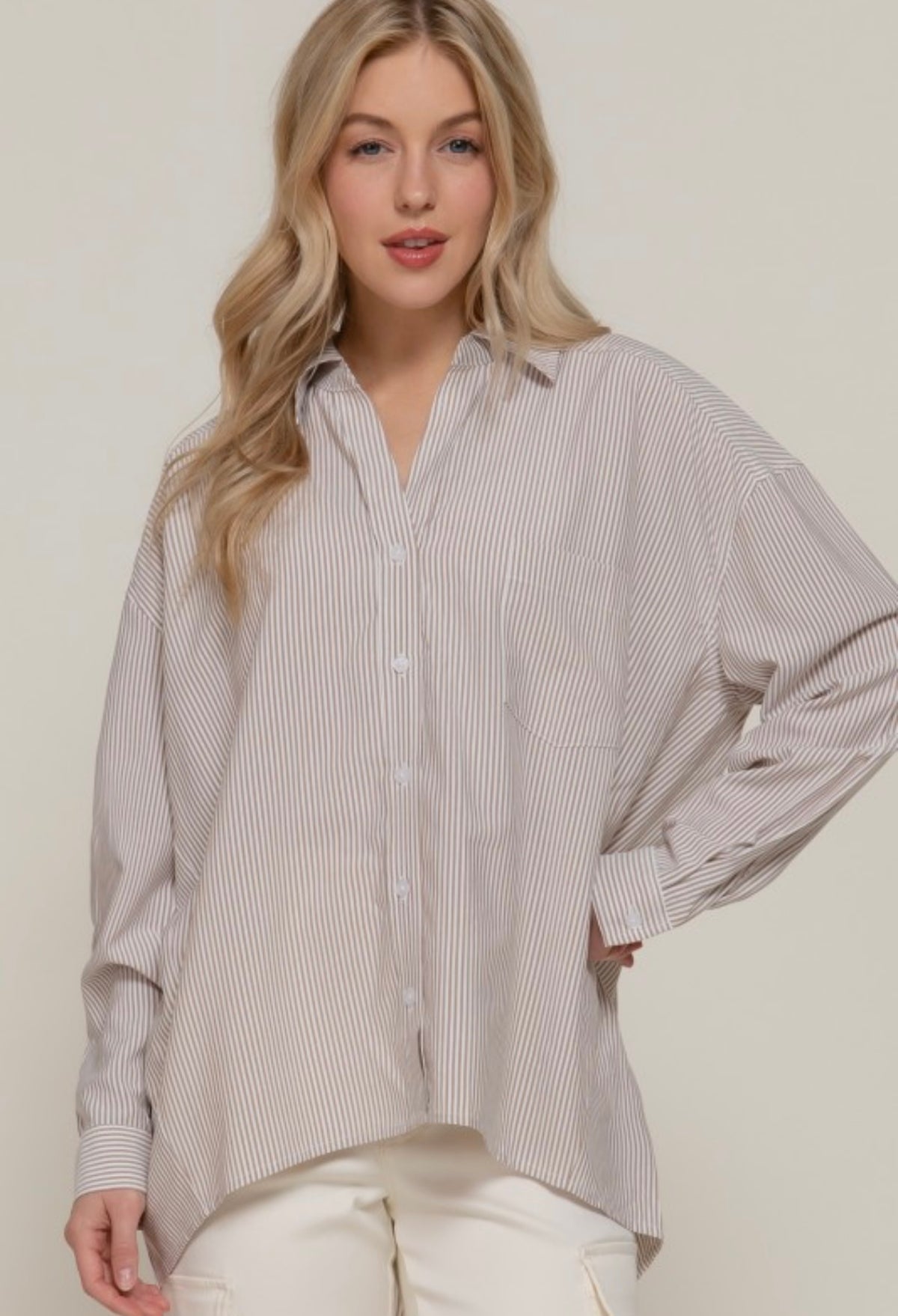 Tan & White Striped Button Up Blouse