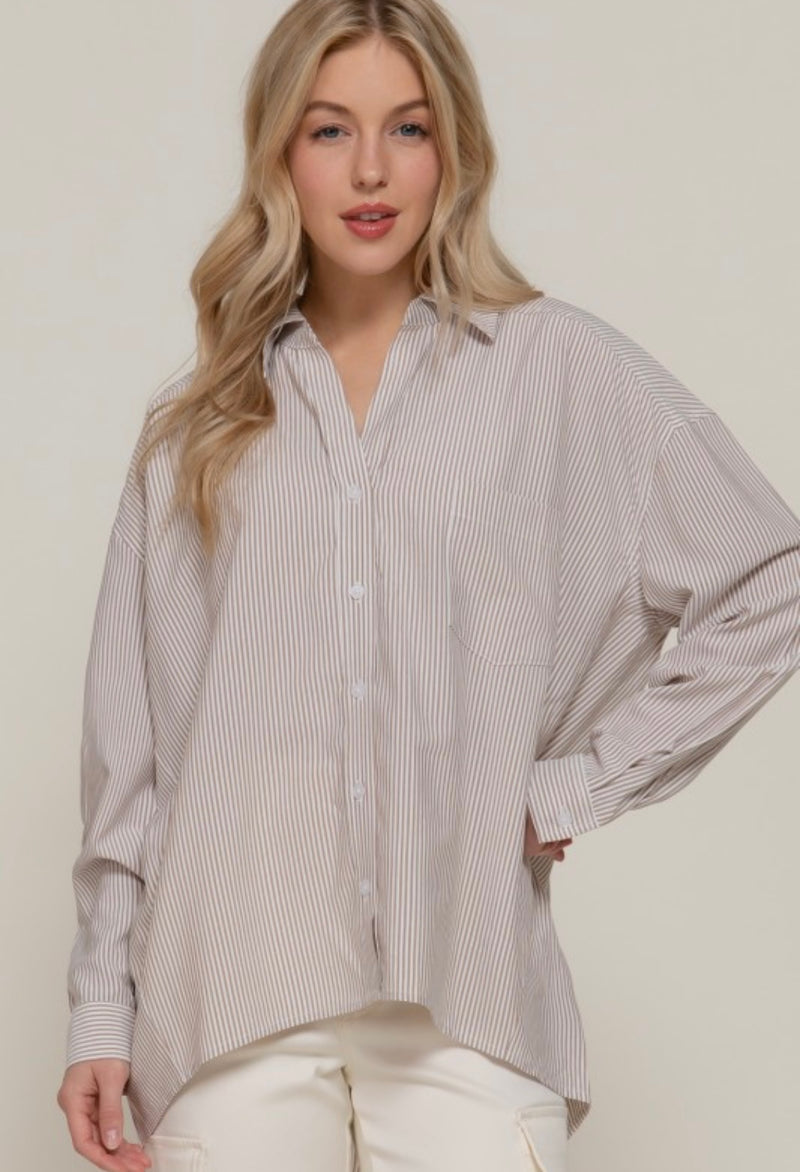 Tan & White Striped Button Up Blouse