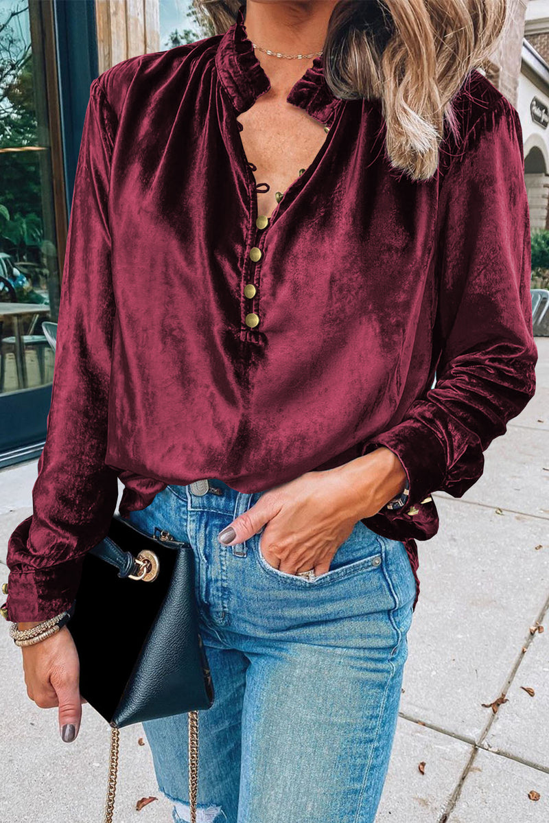 *Website Exclusive * Elle  Buttoned V Neck Velvet Blouse