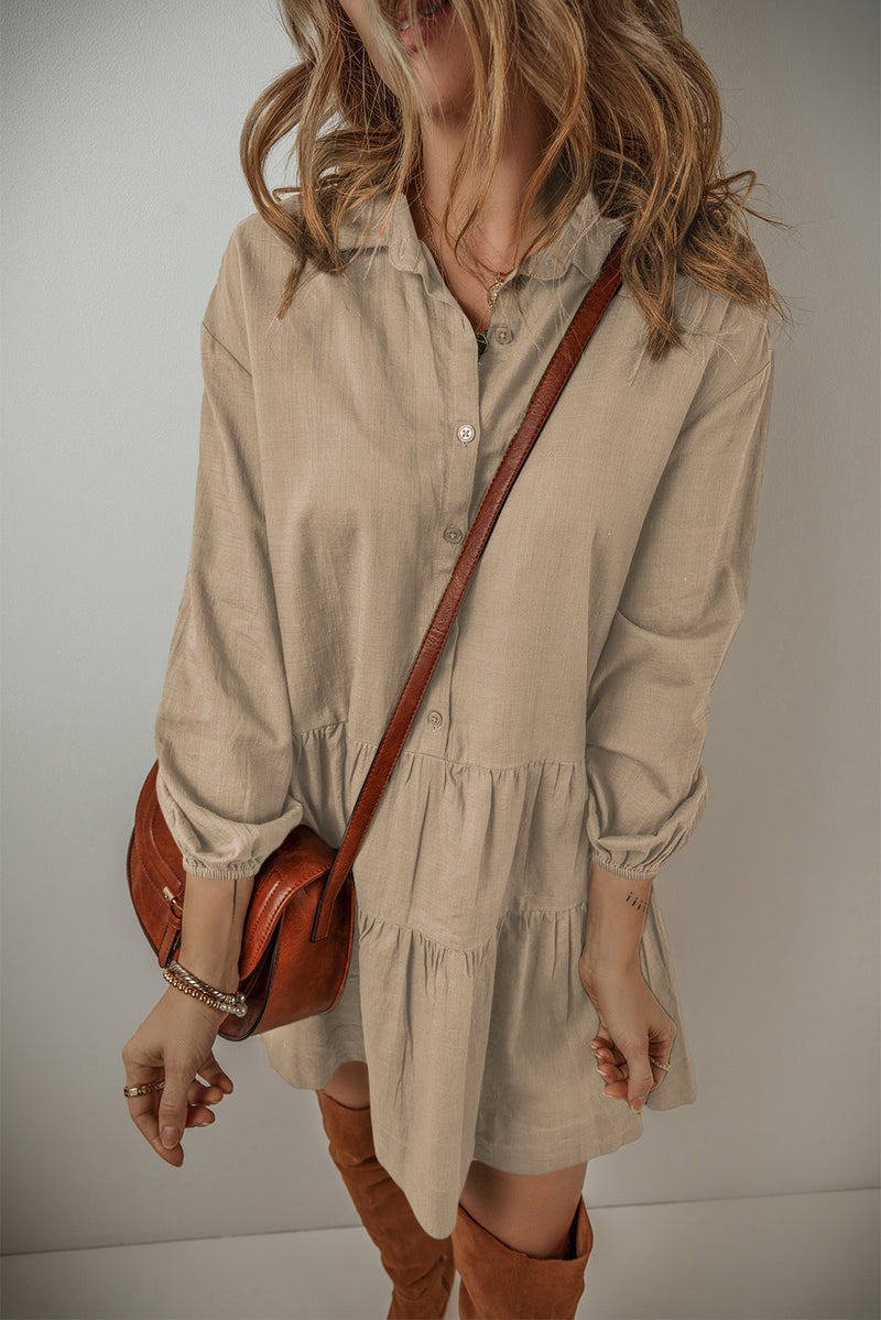 *WEBSITE EXCLUSIVE* Tan Puff Sleeve Buttoned Tiered Pleated Mini Shirt Dress