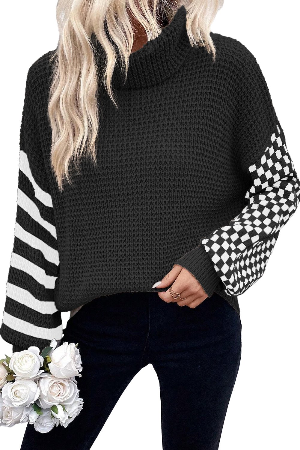 *Website Exclusive * Striped Checked Patchwork Waffle Knit Turtleneck Sweater