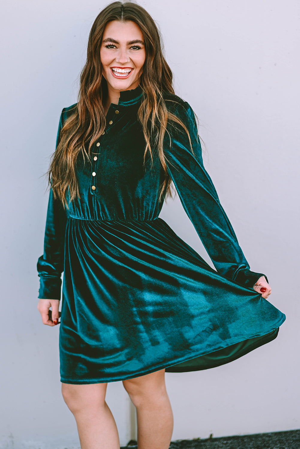 *Website Exclusive* Green Velvet Frill Neckline Buttoned Front Ruffle Mini Dress