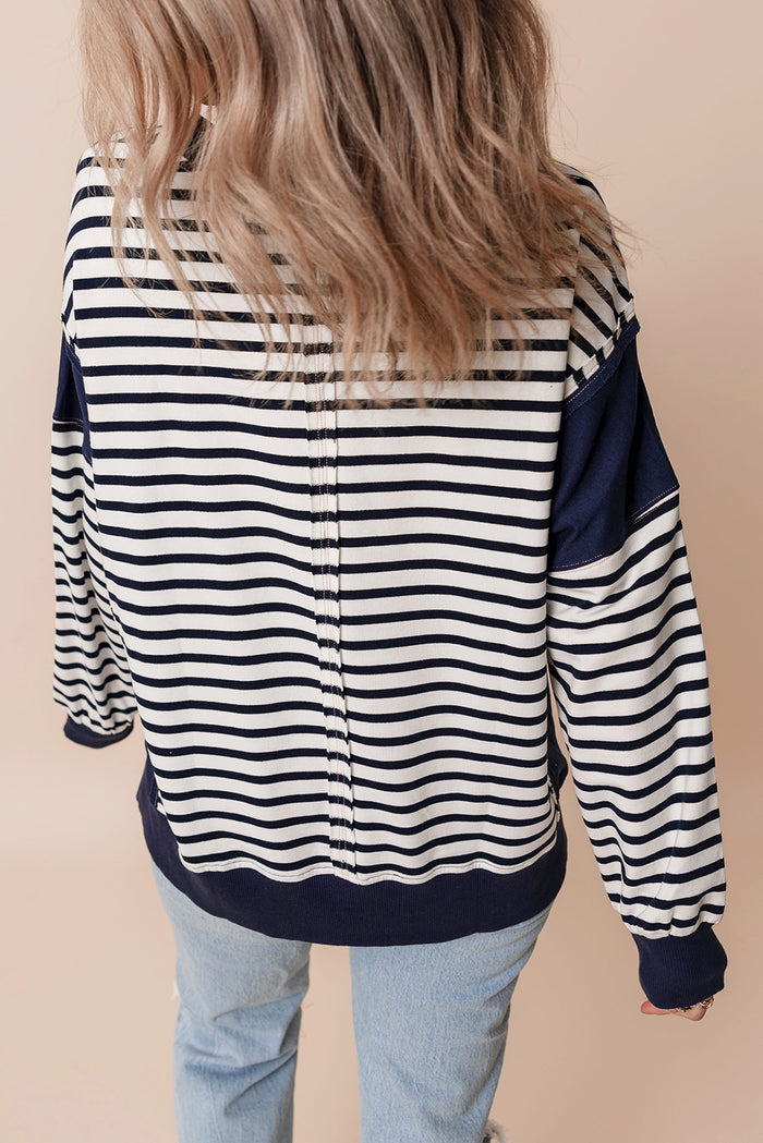 *WEBSITE EXCLUSIVE* White Stripe Patchwork Exposed Seam Loose Fit Sweatshirt