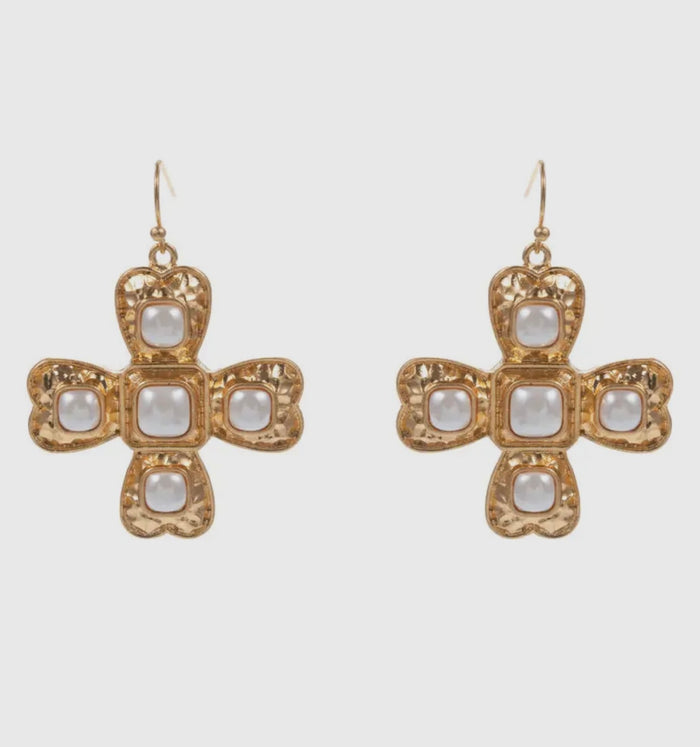 Gold Cross Earrings Pearl Inlay