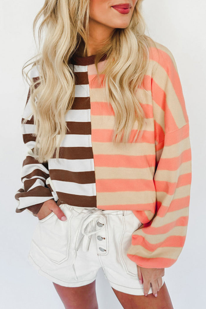 *Website Exclusive* Brown Stripe Color Block Drop Shoulder Pullover Sweatshirt