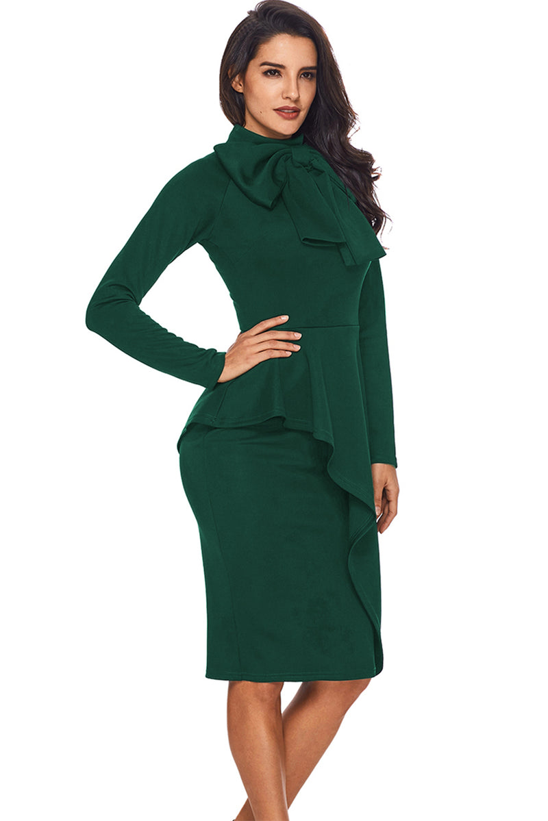 *Website Exclusive * Green Asymmetric Peplum Style Bow Dress