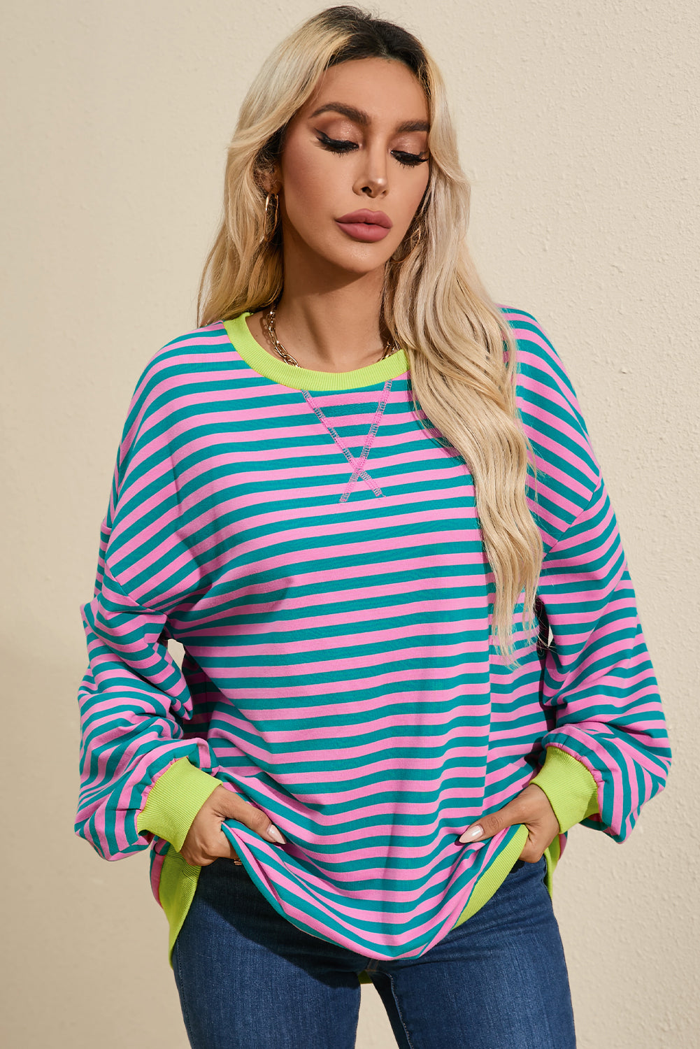 *WEBSITE EXCLUSIVE* Stripe Contrast Edge Oversized Pullover