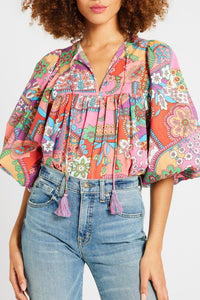 *WEBSITE EXCLUSIVE* Multicolour Boho Floral Tie V Neck Pleated Blouse