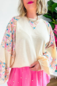 *WEBSITE EXCLUSIVE*  Floral Patchwork Sleeve Plus Size Ribbed Top