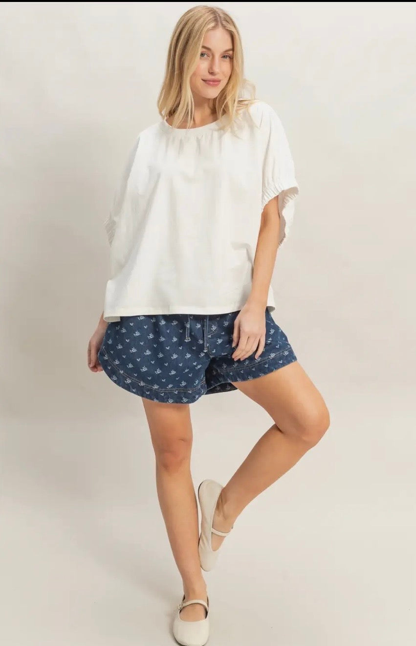 White Elastic Sleeve Top