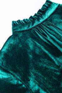 *Website Exclusive* Green Velvet Frill Neckline Buttoned Front Ruffle Mini Dress