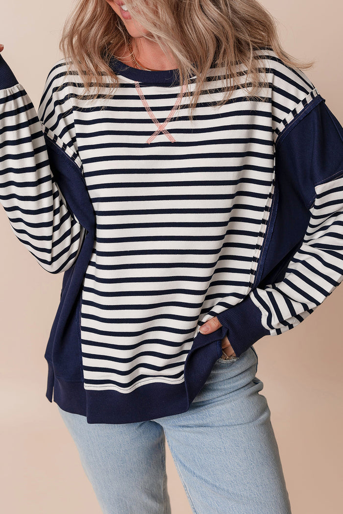 *WEBSITE EXCLUSIVE* White Stripe Patchwork Exposed Seam Loose Fit Sweatshirt