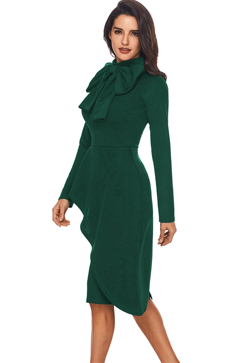 *Website Exclusive * Green Asymmetric Peplum Style Bow Dress