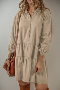 *WEBSITE EXCLUSIVE* Tan Puff Sleeve Buttoned Tiered Pleated Mini Shirt Dress